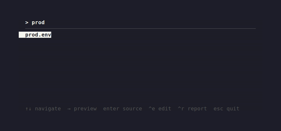 ee TUI: filtering env files by 'prod', showing prod.env selected
