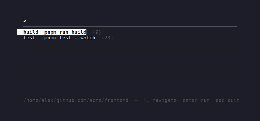 rr TUI: picker showing build and test commands with run counts for a frontend project